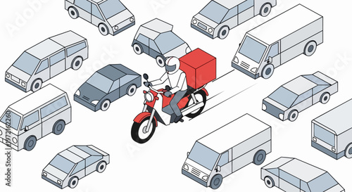 Isometric Courier on Red Motorcycle Weaving Through Traffic Jam, Fast Delivery Service and Urban Logistics Concept Illustration