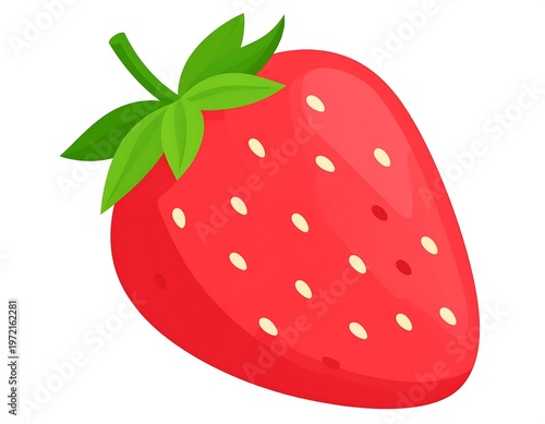 Vibrant Red Strawberry Fruit Illustration with Green Leaves and Seeds.