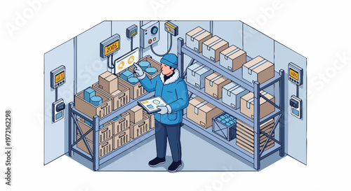 Isometric Illustration of a Logistics Worker Managing Cold Storage Warehouse Inventory with Tablet and Digital Display, Smart Cold Chain Management Concept