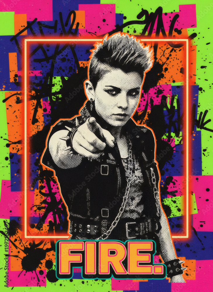 Obraz premium Punk woman pointing finger against colorful graffiti background. Teenage girl with mohawk hairstyle in leather jacket. Urban street art style poster with bold neon color and typography.