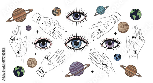 Eyes and hands with planets around.