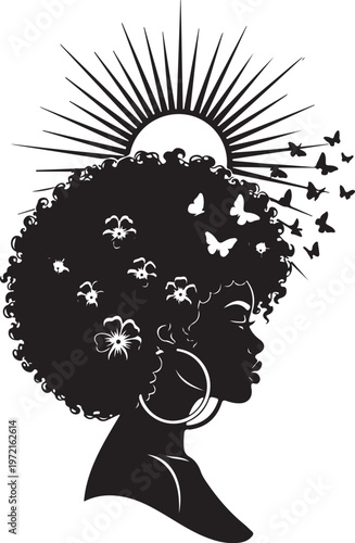 Silhouette of a woman with afro and sun rays, Generative Ai