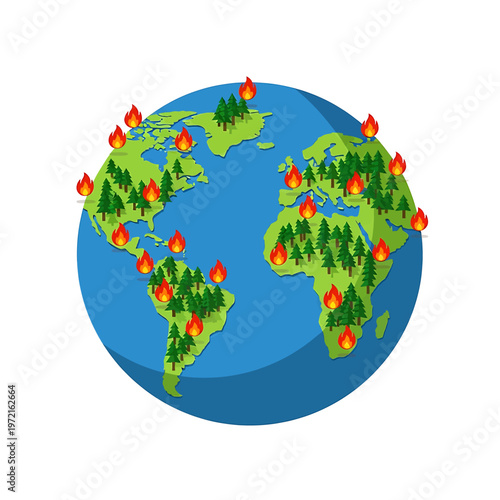 Globe with fires burning on land.