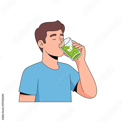 Man drinking green juice from glass.