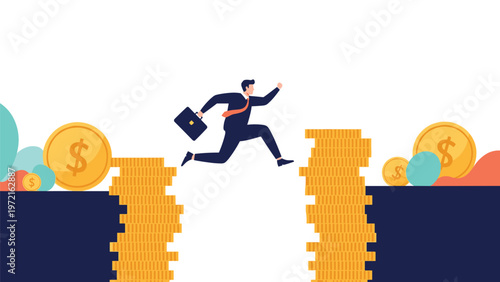 Brave businessman with a briefcase jumping over a wide chasm between stacks of gold coins representing financial risk and investment success.