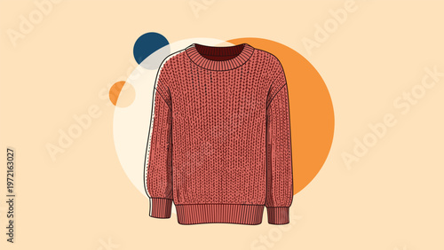 Cozy red knitted woolen sweater with long sleeves shown against an abstract circular background perfect for cold winter or autumn seasons.