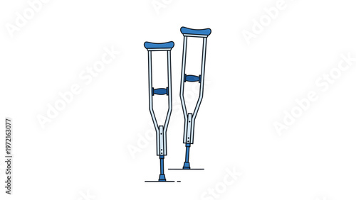 Pair of silver metal medical crutches with blue handles and tips used for supporting mobility during leg injury recovery or rehabilitation.