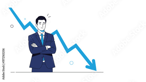 Worried businessman standing with his arms crossed in front of a blue downward trending graph representing financial loss and economic recession.