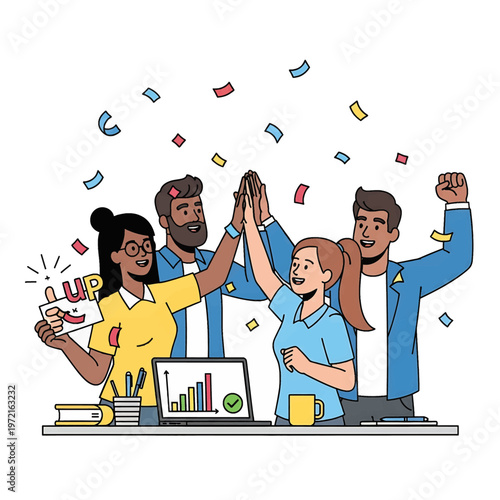 Diverse team celebrating business success.