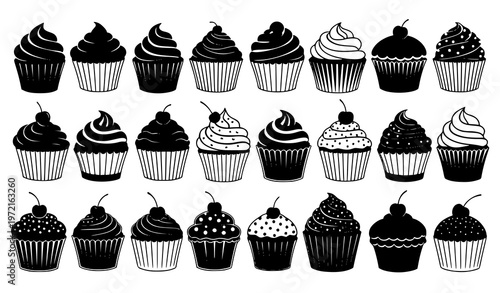Cupcake silhouette set with mixed frosting styles sprinkles and cherries in black and white vector design