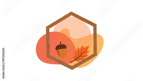 Autumn-themed illustration featuring an acorn and an orange oak leaf inside a hexagonal wooden frame with soft colors.