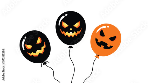 Three colorful Halloween balloons featuring spooky pumpkin and monster face expressions against a white background.