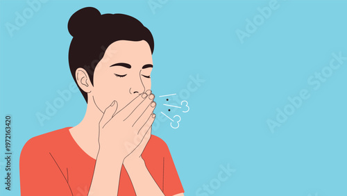 Young woman closing her eyes while exhaling deeply to practice mindfulness and find inner peace against a solid blue background.