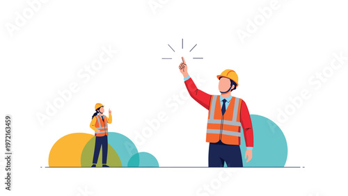 Industrial construction workers wearing orange safety vests and yellow hard hats while pointing at an important project detail.