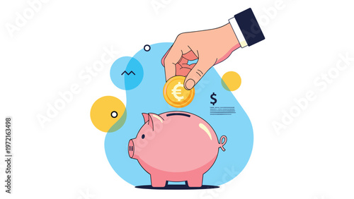Close up of a hand putting a golden euro coin into a pink piggy bank to illustrate the concept of saving money and financial planning.