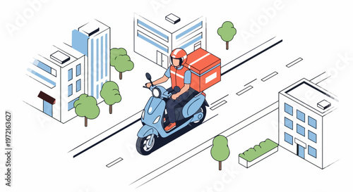 Isometric Illustration of a Delivery Courier on a Blue Scooter in a Modern City, Concept for Food and Package Logistics Services