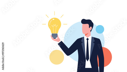Businessman holding a bright glowing light bulb representing a new creative idea, innovation, or a smart business solution.