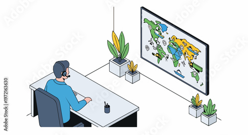 Global Logistics and Supply Chain Operator Tracking International Cargo Shipping on Digital World Map Screen. Isometric Vector Illustration of a Dispatch Control Center.