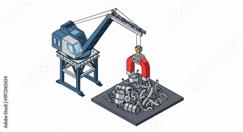 Isometric Industrial Crane with Electromagnet Picking Up Scrap Metal for Recycling