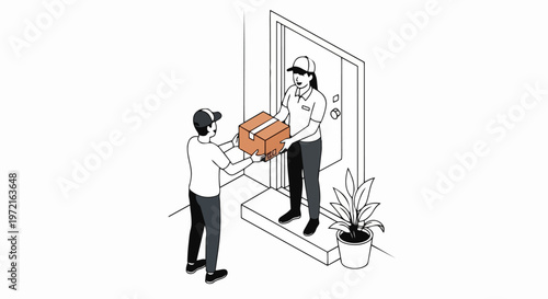 Delivery Woman Handing Cardboard Box Package to Male Customer at Doorstep, Isometric Line Art Illustration of E-commerce Logistics and Home Shipping Service