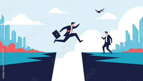 Brave businessman jumping across a wide gap between cliffs to reach a goal or overcome a challenge in the corporate world.