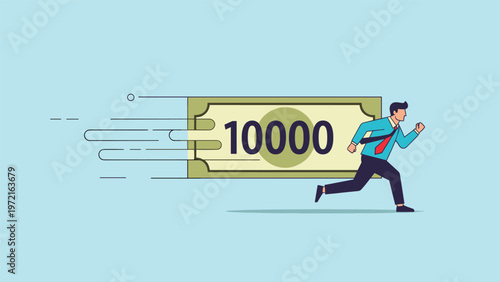 Ambitious businessman running fast while carrying a large ten thousand dollar banknote to represent wealth and financial success.