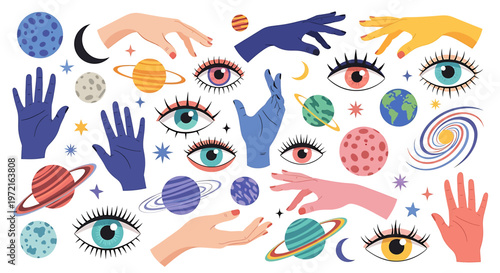 Hands and eyes reaching for planets.