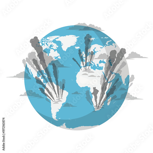 Earth with gray smoke pollution rising.