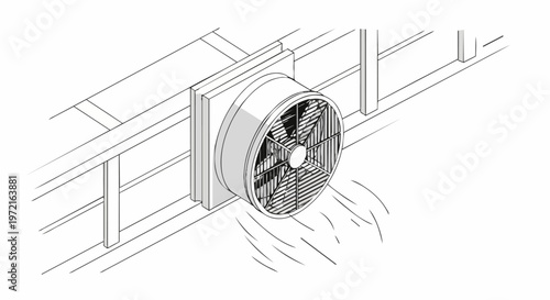 Industrial Wall-Mounted Ventilation Fan Line Art Illustration - Isometric Exhaust Blower and HVAC System Design for Warehouse or Factory Cooling