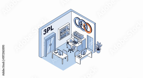 3PL Logistics Office Concept - Isometric Vector Illustration of Third Party Logistics Management and Supply Chain Business Workspace