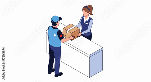 Isometric Vector Illustration of a Courier Handing a Parcel to a Staff Member at a Delivery Service Counter