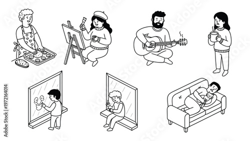 Isometric Line Art of People Enjoying Hobbies & Daily Leisure Activities