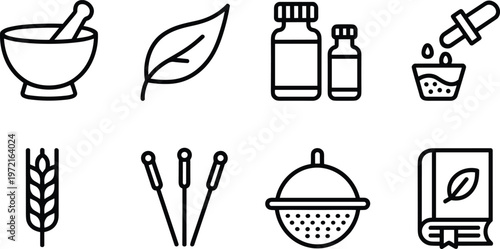 Natural medicine icon set, herbal remedy, mortar pestle, leaf symbol, essential oils, acupuncture needles, holistic health, wellness design, vector illustration, black silhouette, 