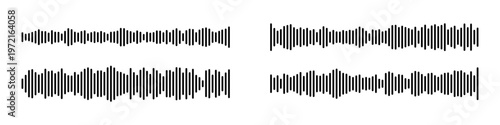 Sound wave vector icon set with podcast audio waveform elements. Music frequency lines and radio signal patterns for voice recording. Microphone equalizer graphics with speech soundtrack symbols