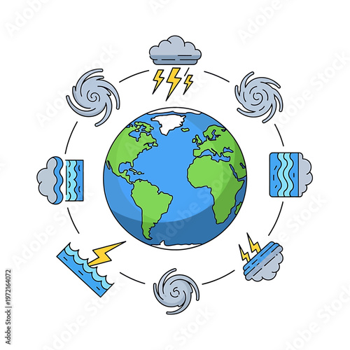 Earth with weather climate change symbols.