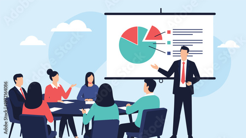 Professional businessman giving a presentation to a diverse group of colleagues using a pie chart on a large screen.