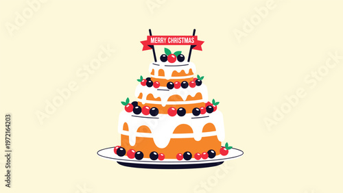 Delicious three tiered christmas cake decorated with white frosting and fresh red and black berries for the holidays.