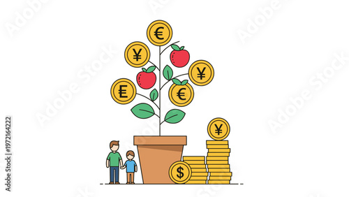 Father and son standing next to a growing money tree and stacks of coins to represent family financial security and savings.