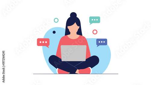 Freelance woman working on her laptop while sitting comfortably on the floor and communicating with clients via online chat messages.