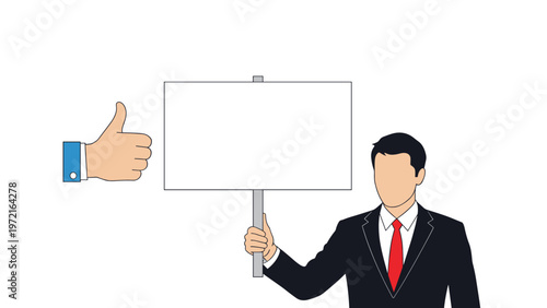 Professional businessman in a suit holding a blank white placard for advertisement while a large hand gives a thumbs up of approval.