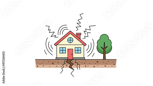 House and a tree shaking during an earthquake with dark cracks opening in the ground and vibration lines around them.
