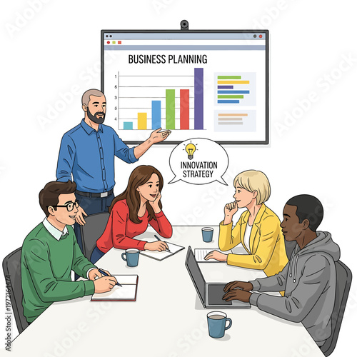 Business people discussing innovation strategy meeting.