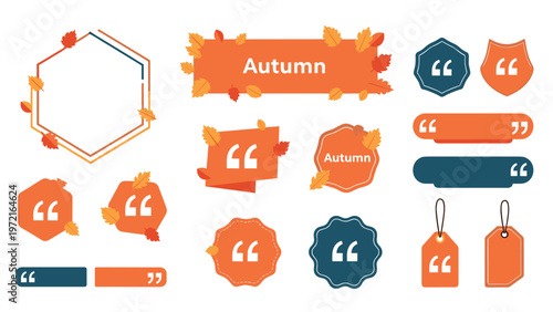Collection of various autumn themed orange and blue quote boxes, labels, and tags decorated with falling leaves for seasonal promotions.