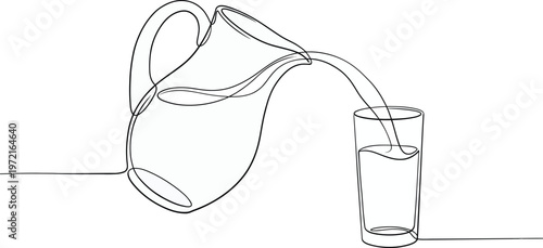 Jug pouring water, milk, or juce in glass. Continuous line drawing.