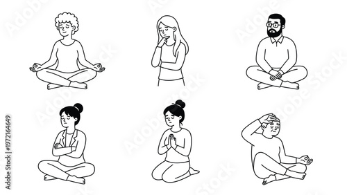Diverse people in various sitting poses, line art illustration depicting emotions, mindfulness, contemplation, and thought