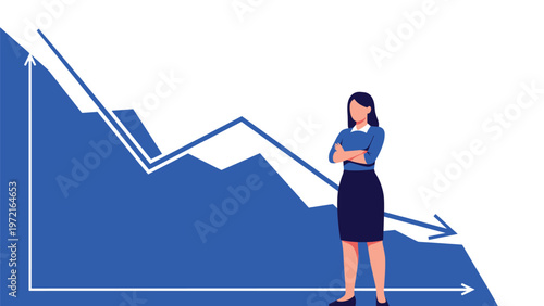 Concerned businesswoman standing with her arms crossed in front of a blue downward trending chart representing business failure or economic decline.