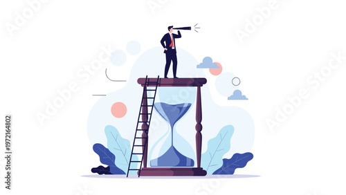 Strategic businessman standing on top of a large hourglass and looking through a telescope to find future market opportunities and manage time.