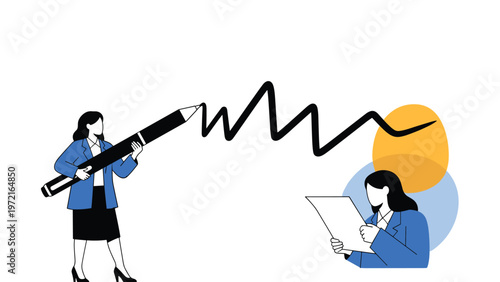 Professional business woman uses a giant pencil to draw on a whiteboard while a colleague reviews a paper document in an office.