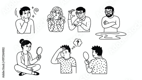 Vector line art set of people with self-image and appearance concerns, including hair loss worries and emotional reflection on body image.