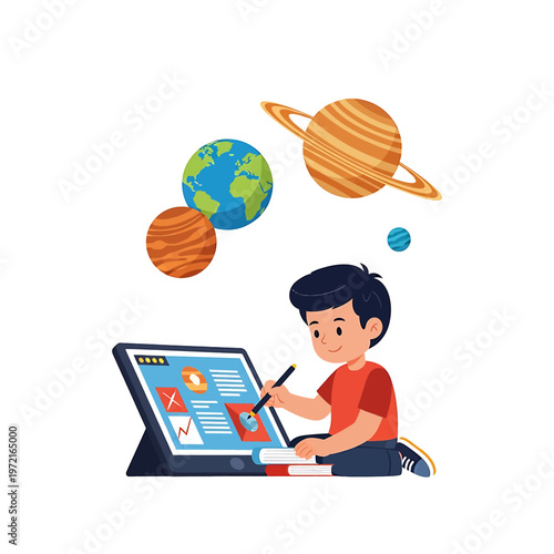Boy using a computer with planets.